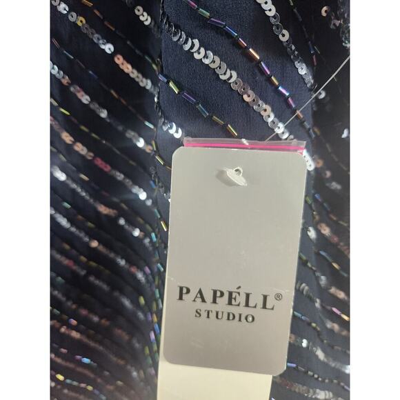 Papell Studio beaded blouse plus sz 1X silk blue silver NWT v-neck 3/4 sleeve - Picture 9 of 12